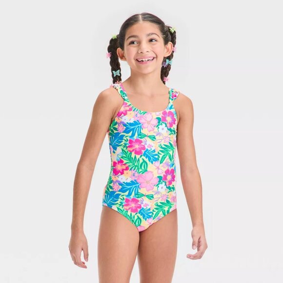 NEW Girls' Seaside Hibiscus Floral Printed One Piece Swimsuit Set - Cat & Jack™ - Picture 1 of 8